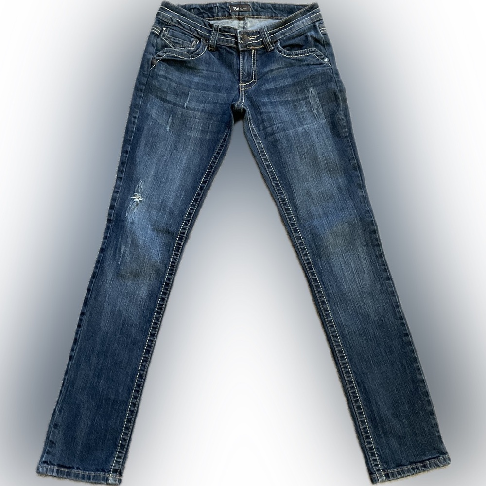 Bu From Malibu Juniors Distressed Jeans Size 7 Casual Button Zip Dark Wash